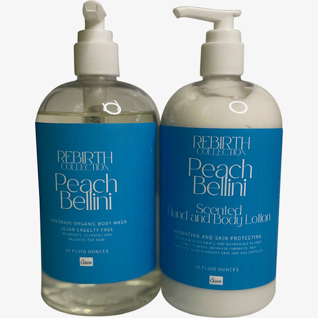 REBIRTH SCENTED ORGANIC BODY WASH AND LOTION SET IN "PEACH BELLINI" (THE VELVET TOUCH SET"