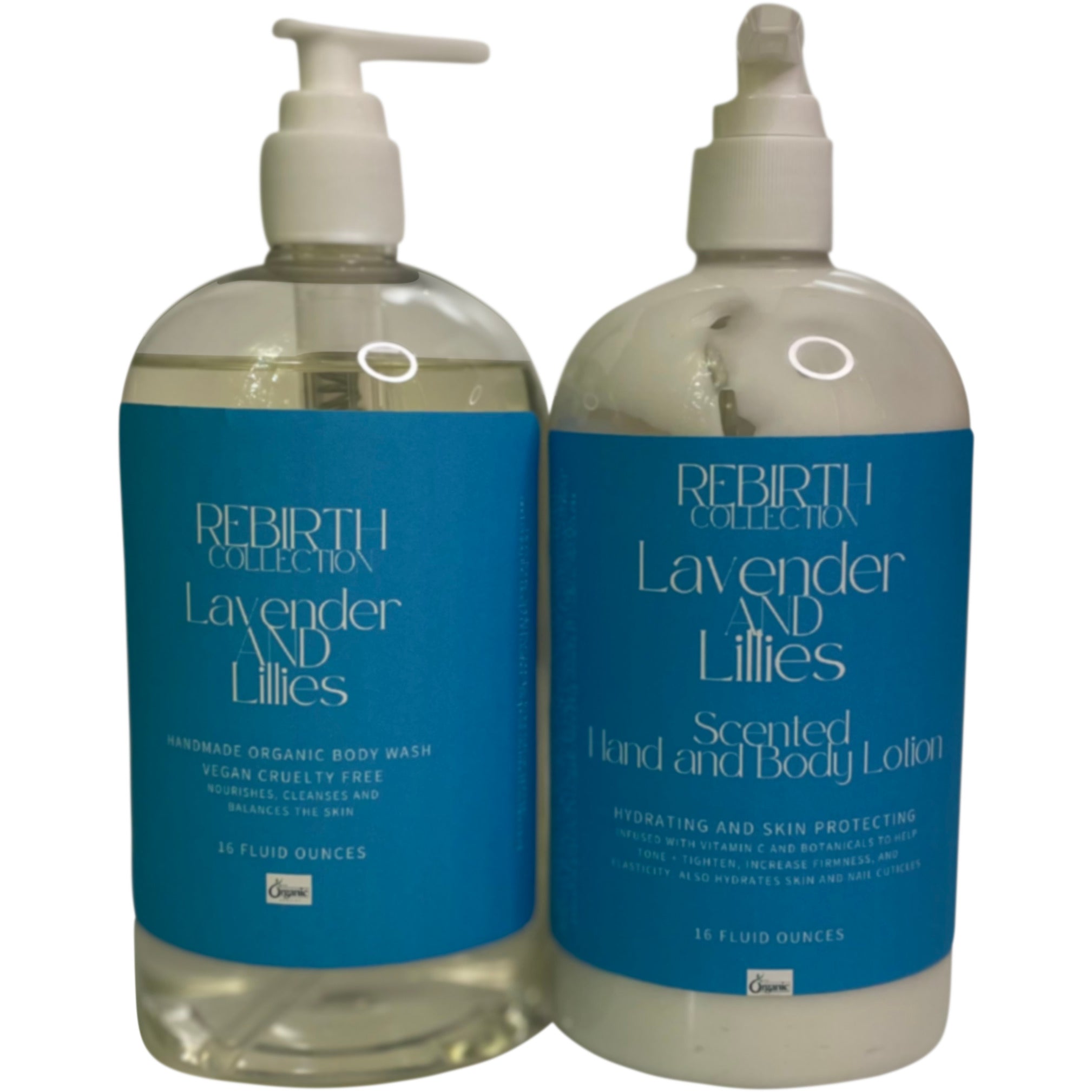 REBIRTH SCENTED ORGANIC BODY WASH AND LOTION SET IN "LAVENDER AND LILLIES" (THE VELVET TOUCH SET"