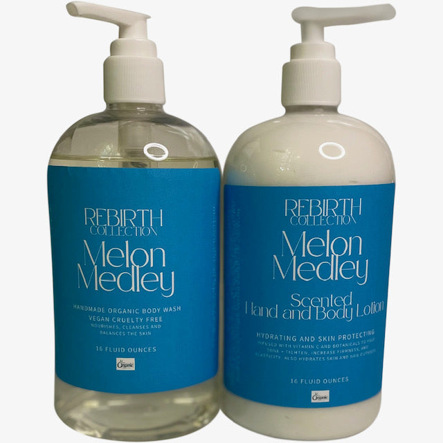 REBIRTH SCENTED ORGANIC BODY WASH AND LOTION SET IN "MELON MEDLEY" (THE VELVET TOUCH)