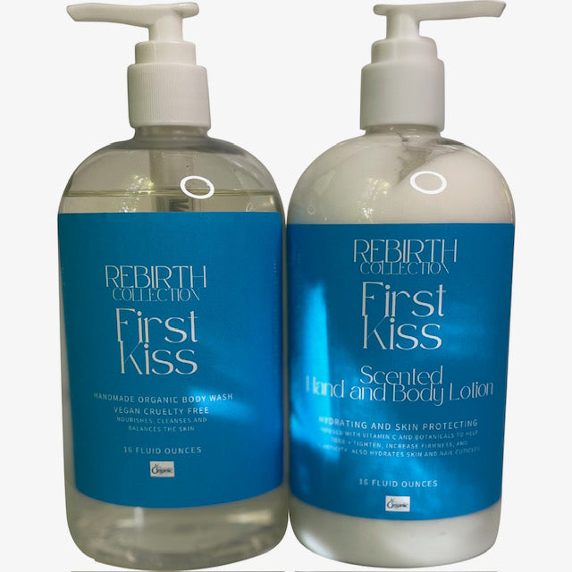 REBIRTH SCENTED ORGANIC BODY WASH AND LOTION SET IN "FIRST KISS" (THE VELVET TOUCH SET")